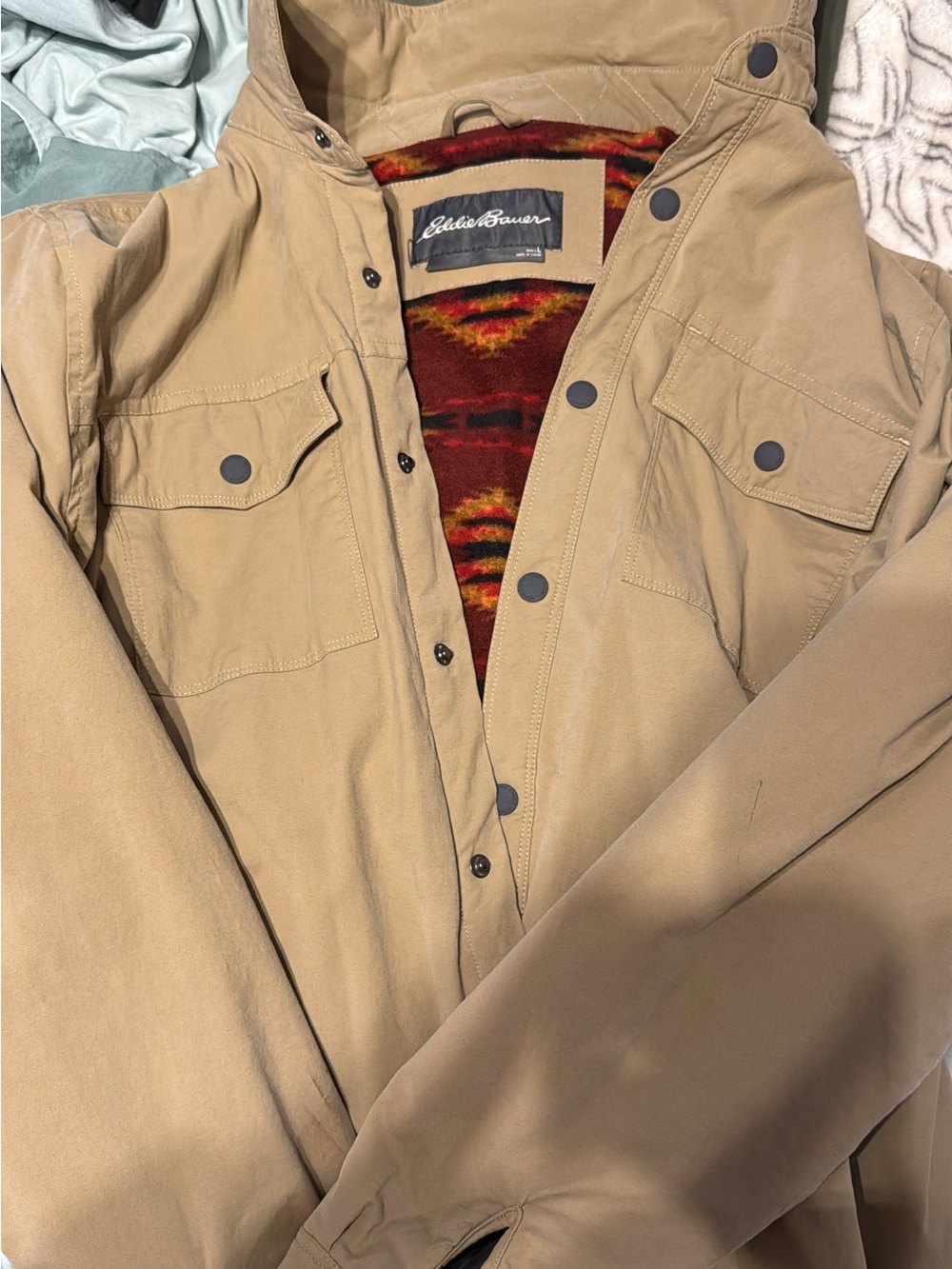Eddie Bauer Tan Hooded Field Jacket with Patterned Lining